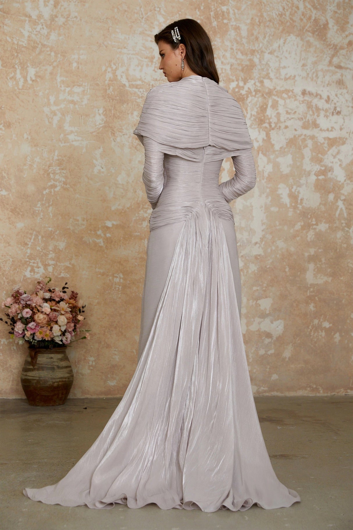 Nerida Silver Turtleneck Ruched Maxi Dress