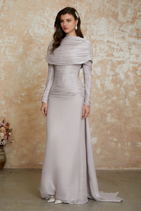Nerida Silver Turtleneck Ruched Maxi Dress