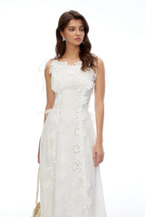 Nevaeh White Sleeveless Floral Embroidered Maxi Dress