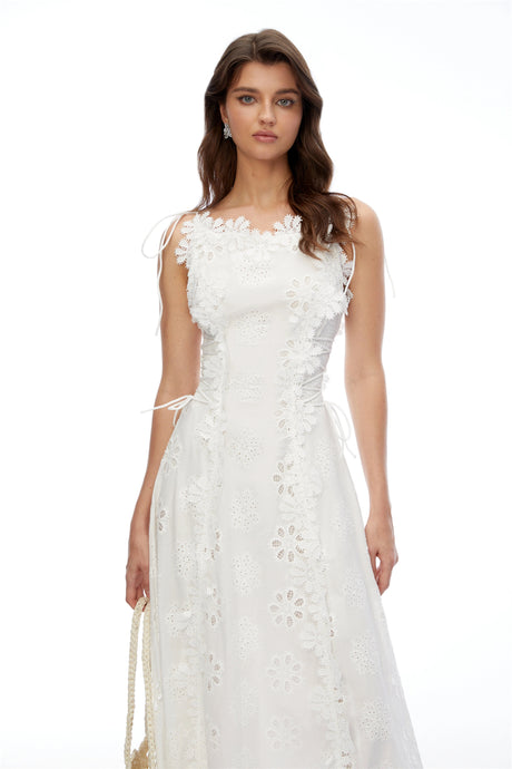 Nevaeh White Sleeveless Floral Embroidered Maxi Dress