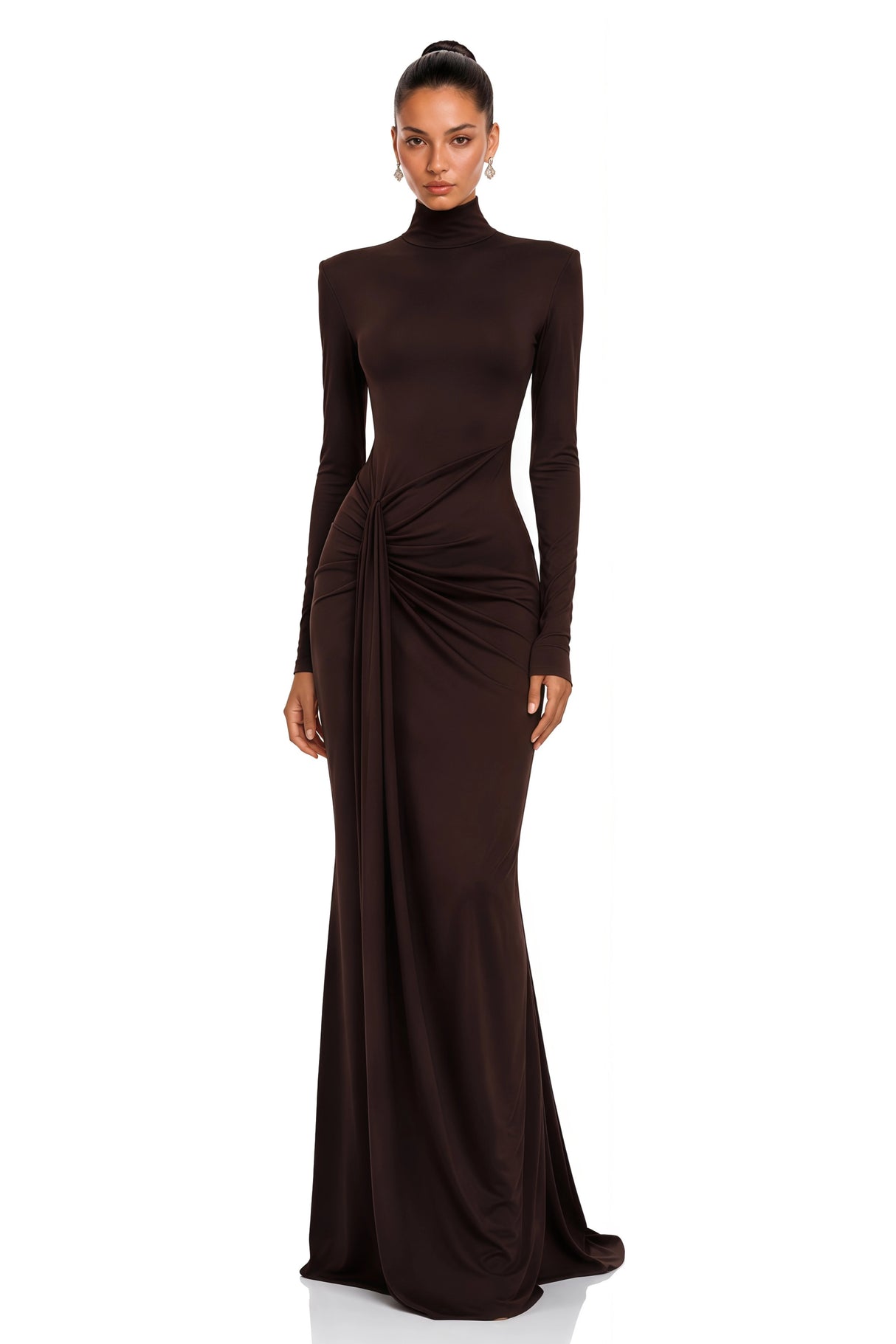 Neve Brown High Neck Twist Knot Maxi Dress