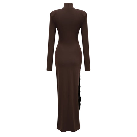 Neve Brown High Neck Twist Knot Maxi Dress