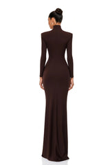 Neve Brown High Neck Twist Knot Maxi Dress