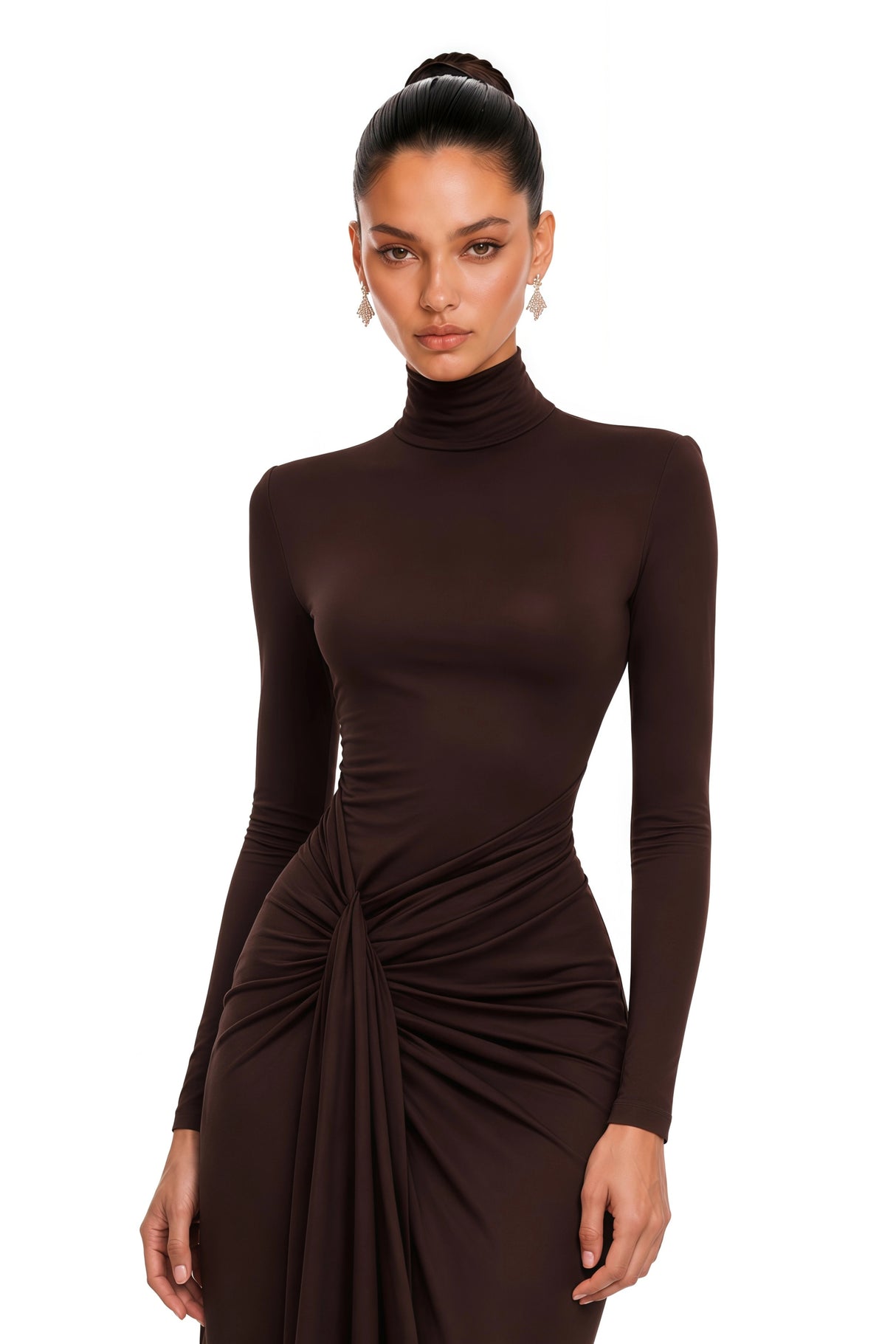 Neve Brown High Neck Twist Knot Maxi Dress