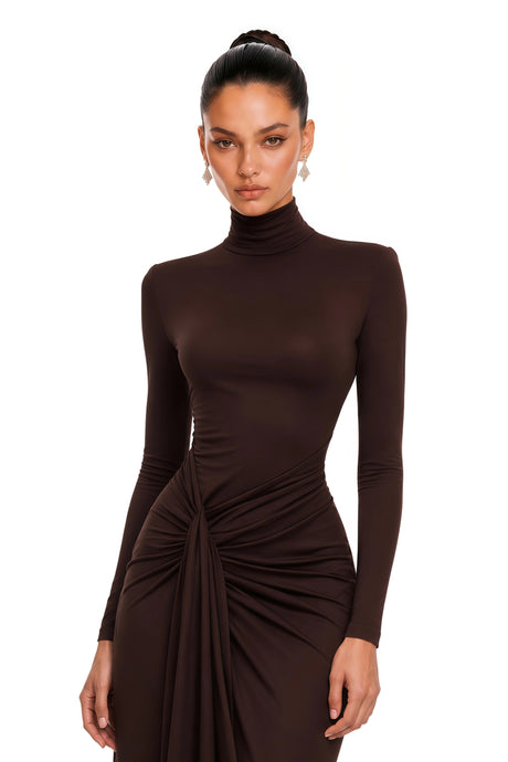 Neve Brown High Neck Twist Knot Maxi Dress