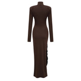 Neve Brown High Neck Twist Knot Maxi Dress