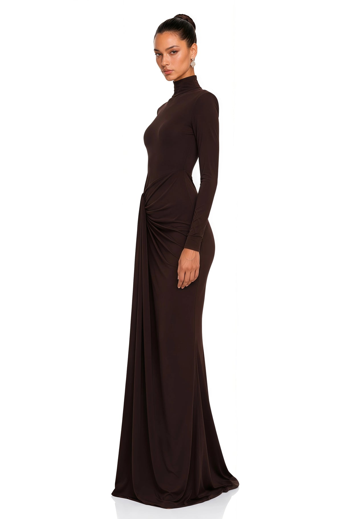 Neve Brown High Neck Twist Knot Maxi Dress