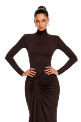 Neve Brown High Neck Twist Knot Maxi Dress