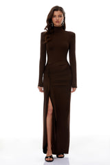 Neve Brown High Neck Twist Knot Maxi Dress