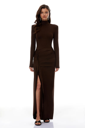 Neve Brown High Neck Twist Knot Maxi Dress