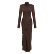 Neve Brown High Neck Twist Knot Maxi Dress