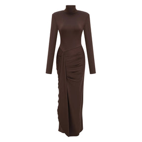 Neve Brown High Neck Twist Knot Maxi Dress