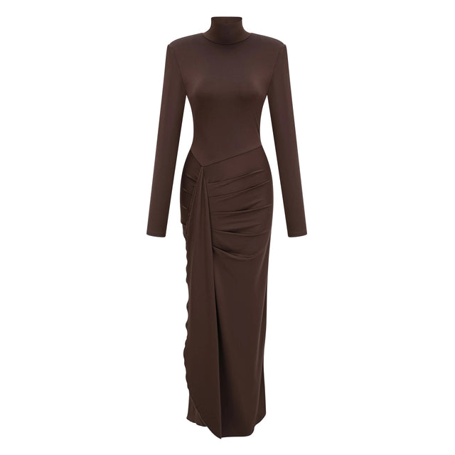 Neve Brown High Neck Twist Knot Maxi Dress