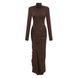 Neve Brown High Neck Twist Knot Maxi Dress