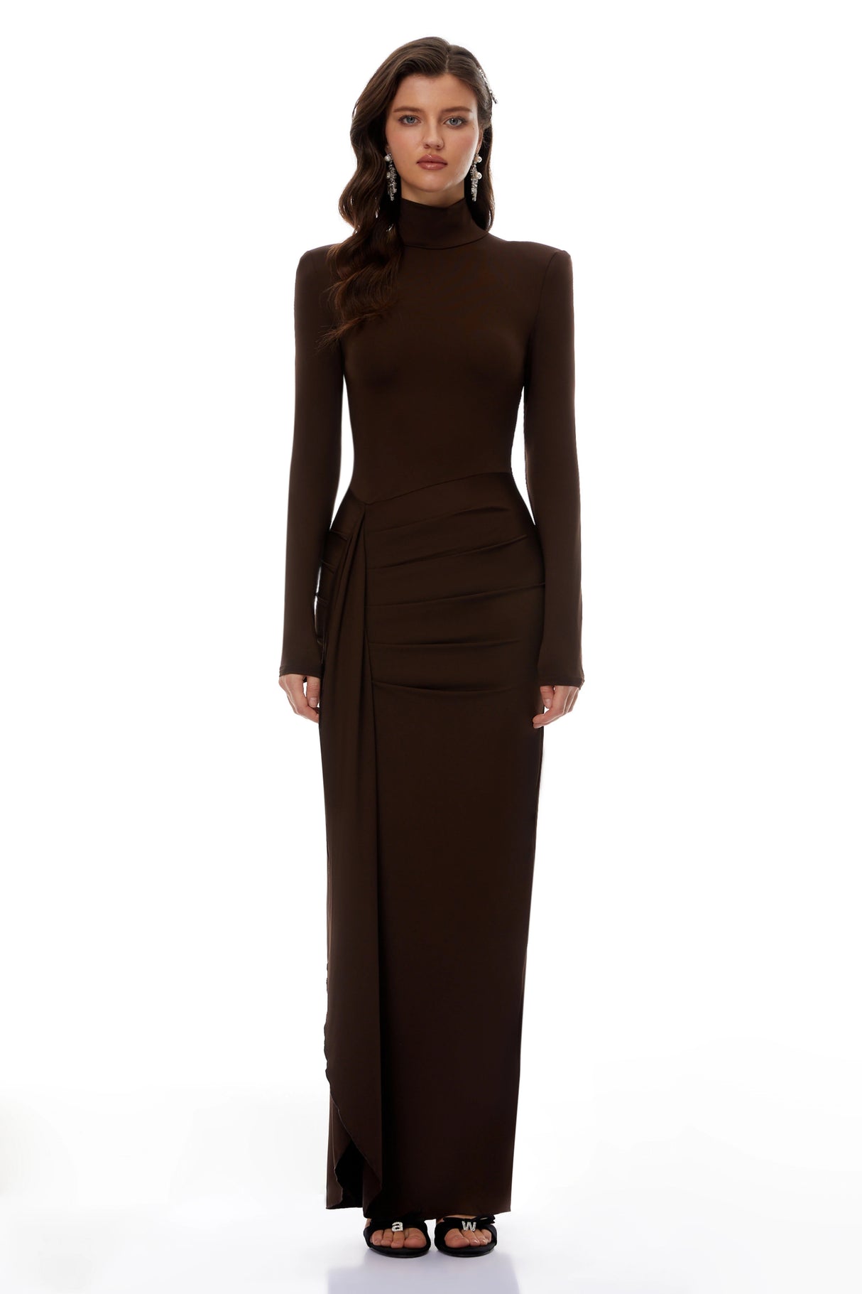 Neve Brown High Neck Twist Knot Maxi Dress