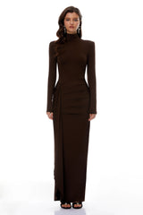 Neve Brown High Neck Twist Knot Maxi Dress