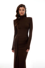 Neve Brown High Neck Twist Knot Maxi Dress