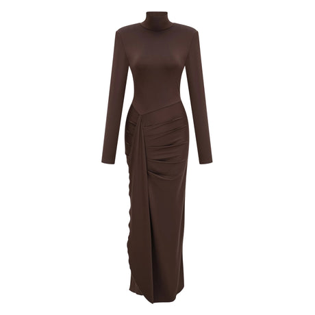 Neve Brown High Neck Twist Knot Maxi Dress