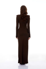 Neve Brown High Neck Twist Knot Maxi Dress