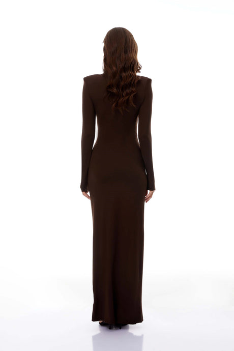 Neve Brown High Neck Twist Knot Maxi Dress