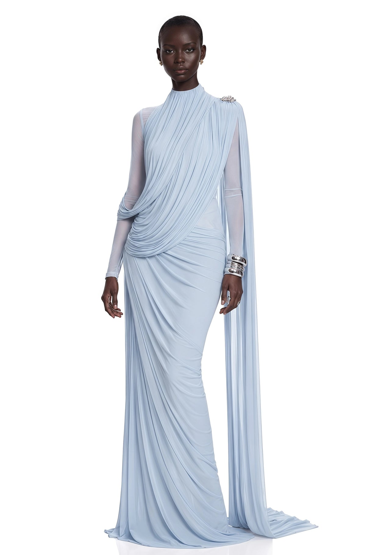 Newton Blue Asymmetrical Ribbon Ruched Maxi Dress