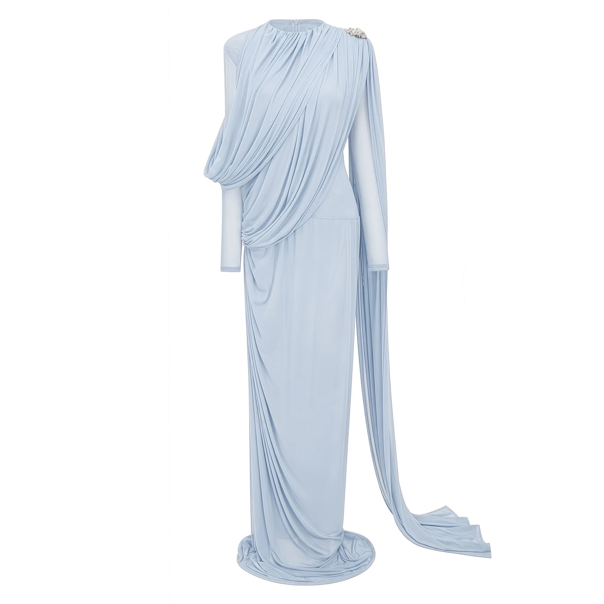 Newton Blue Asymmetrical Ribbon Ruched Maxi Dress