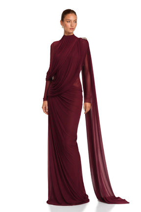 Newton Red Asymmetrical Ribbon Ruched Maxi Dress