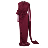 Newton Red Asymmetrical Ribbon Ruched Maxi Dress