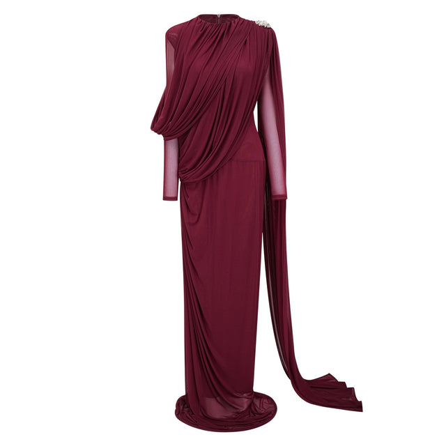 Newton Red Asymmetrical Ribbon Ruched Maxi Dress