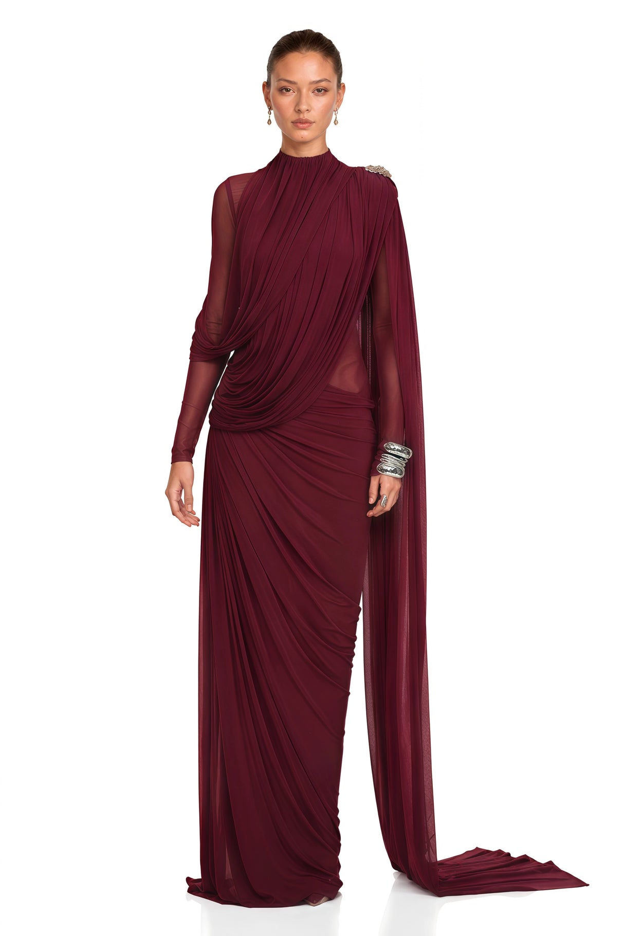 Newton Red Asymmetrical Ribbon Ruched Maxi Dress