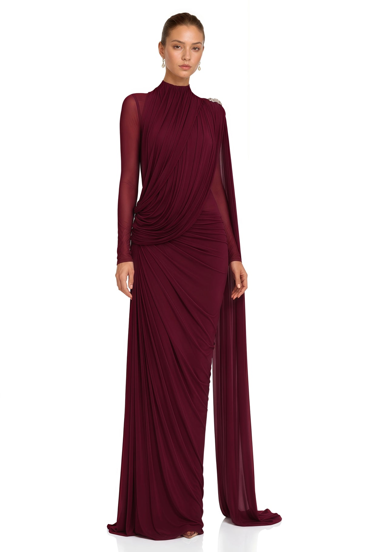 Newton Red Asymmetrical Ribbon Ruched Maxi Dress
