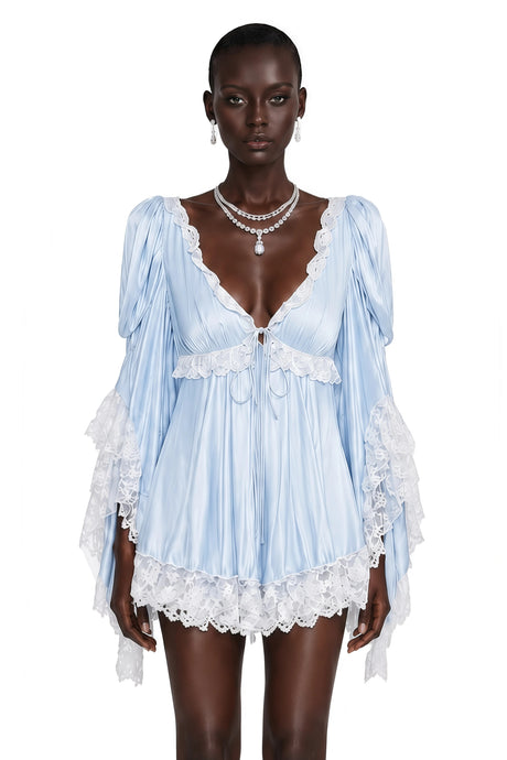 Ngawai Blue Sweetheart Mini Dress with Lace Trim