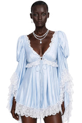 Ngawai Blue Sweetheart Mini Dress with Lace Trim