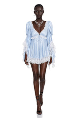 Ngawai Blue Sweetheart Mini Dress with Lace Trim