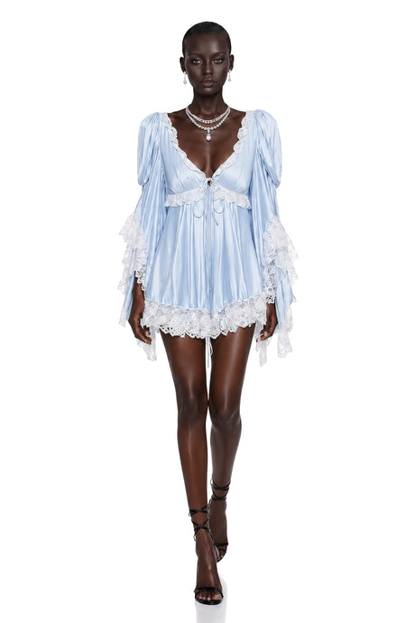 Ngawai Blue Sweetheart Mini Dress with Lace Trim