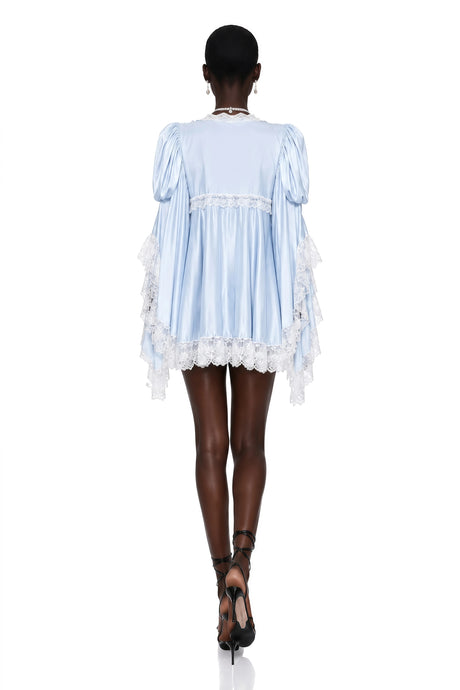 Ngawai Blue Sweetheart Mini Dress with Lace Trim