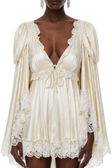 Ngawai Champagne Sweetheart Mini Dress with Lace Trim