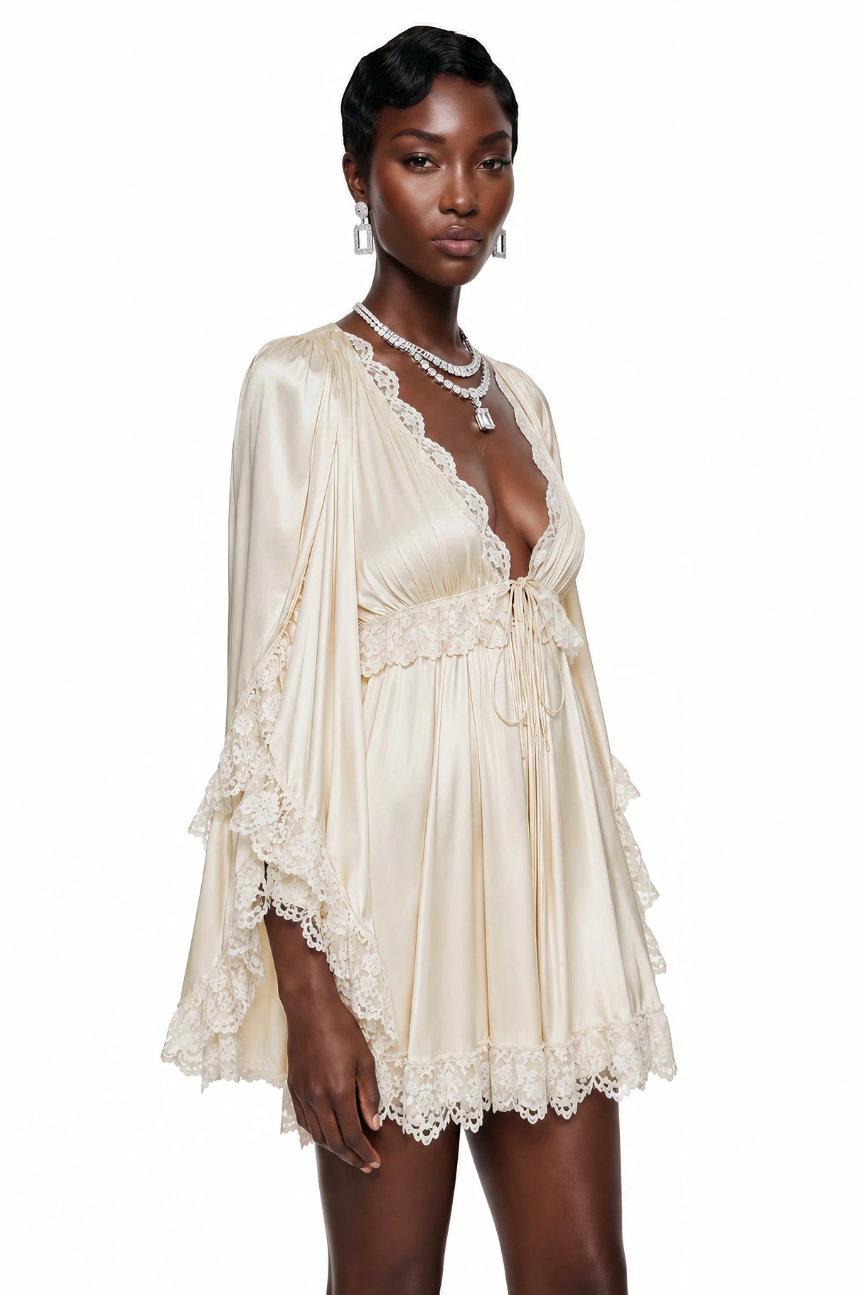 Ngawai Champagne Sweetheart Mini Dress with Lace Trim