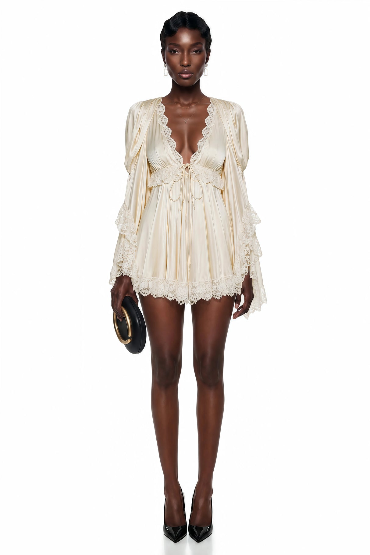 Ngawai Champagne Sweetheart Mini Dress with Lace Trim