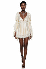 Ngawai Champagne Sweetheart Mini Dress with Lace Trim