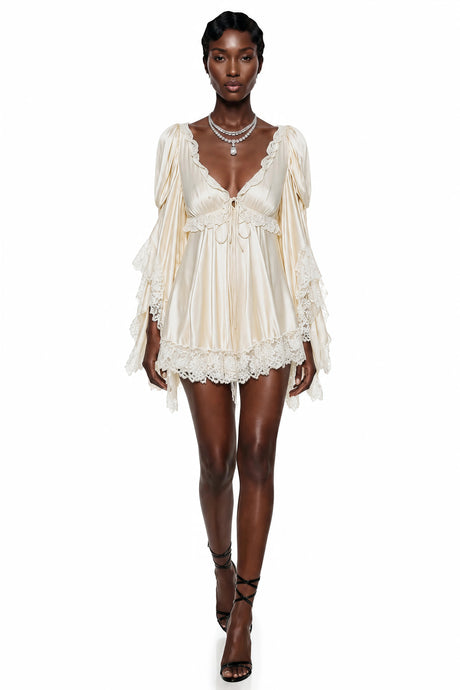 Ngawai Champagne Sweetheart Mini Dress with Lace Trim