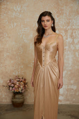 Nicoletta Gold Glossy Pleated Corset Maxi Dress