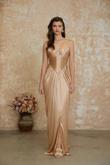 Nicoletta Gold Glossy Pleated Corset Maxi Dress