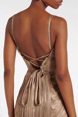 Nicoletta Gold Glossy Pleated Corset Maxi Dress