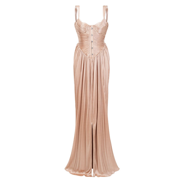 Nicoletta Gold Glossy Pleated Corset Maxi Dress