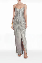 Nicoletta Silver Glossy Pleated Corset Maxi Dress