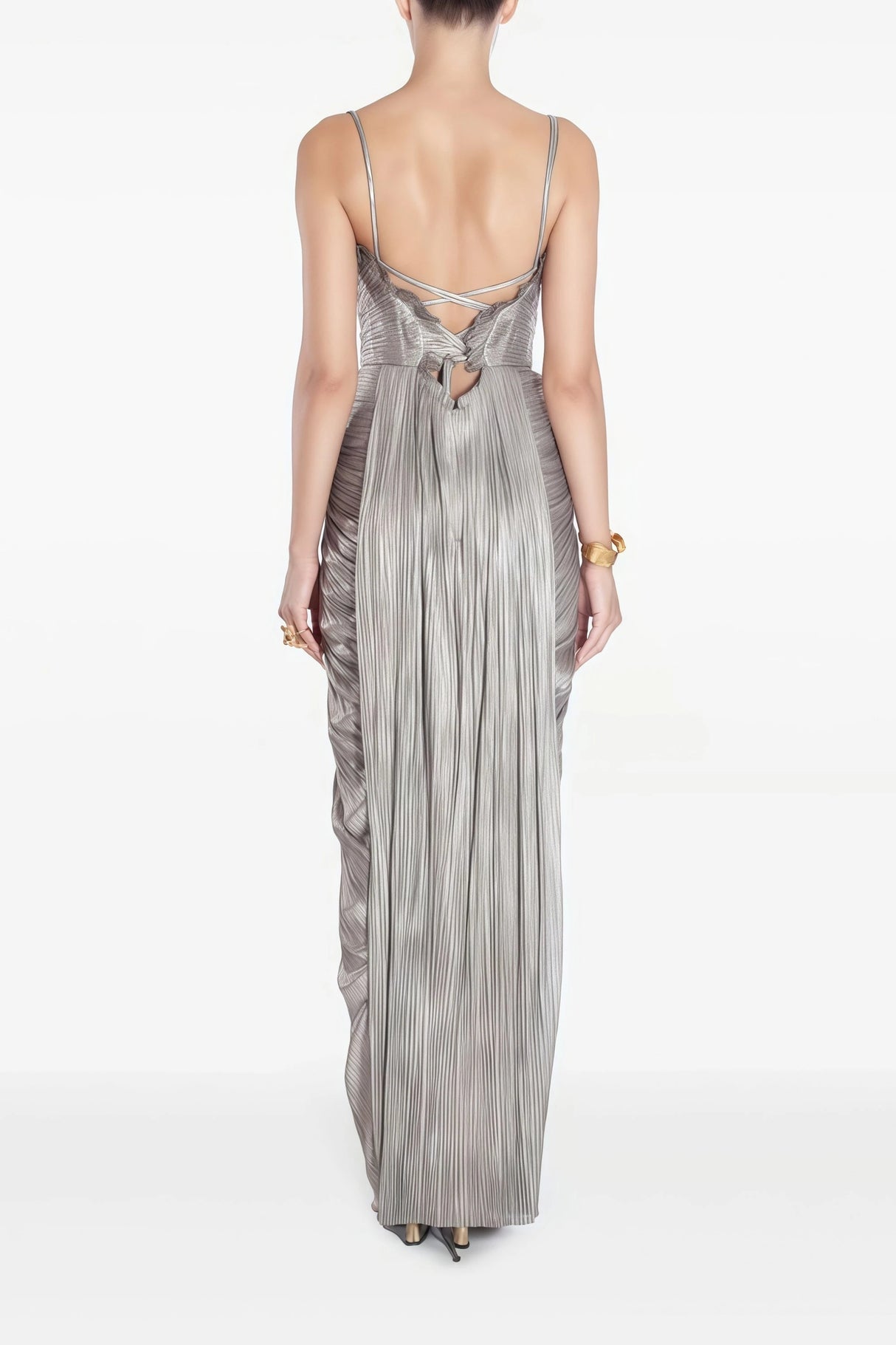 Nicoletta Silver Glossy Pleated Corset Maxi Dress