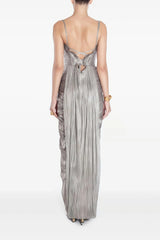 Nicoletta Silver Glossy Pleated Corset Maxi Dress