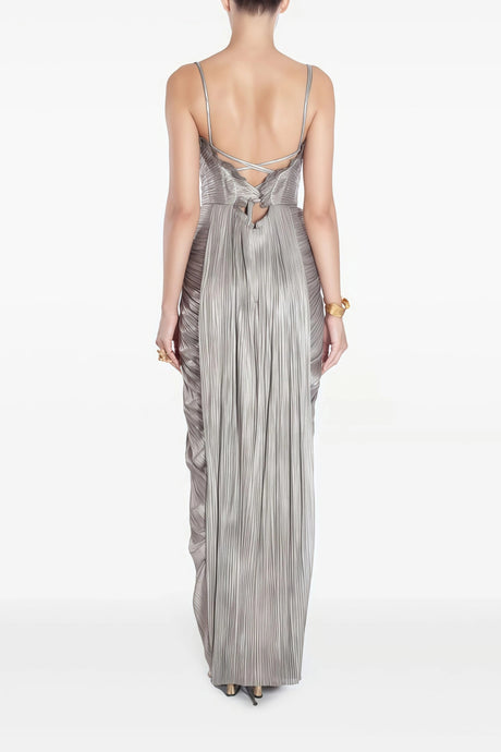 Nicoletta Silver Glossy Pleated Corset Maxi Dress