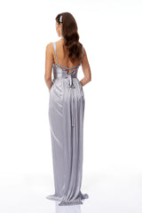 Nicoletta Silver Glossy Pleated Corset Maxi Dress